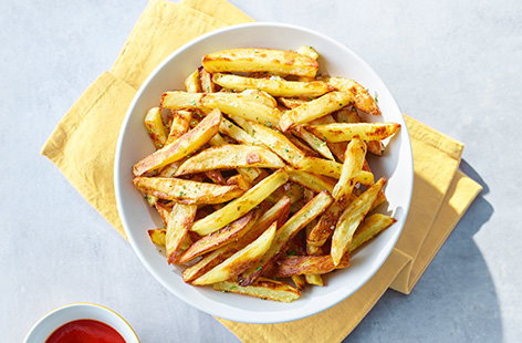 Chips are the ultimate burger side and these ones are coated in a lemony rosemary salt which takes the classic oven chip to new heights!