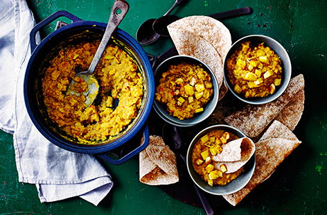 Make this parsnip dhal recipe for some cosy autumnal comfort food. Creamy lentils are spiced with cumin, turmeric and chilli and topped with roasted parsnips. Serve with roti for scooping up the dhal!