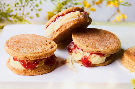 The classic peanut butter and jelly combo is the star of the show in this cracker of a vegan dessert recipe by Sammi Ingamells, aka The Butch Baker, who owns and runs her bakery in Brighton. Peanut butter and jam cookies are her favourite bake and here she’s turned it into an ice cream sandwich to enjoy during the warmer months