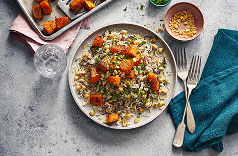 This colourful roasted squash and chickpea pilaf is a filling winter meal