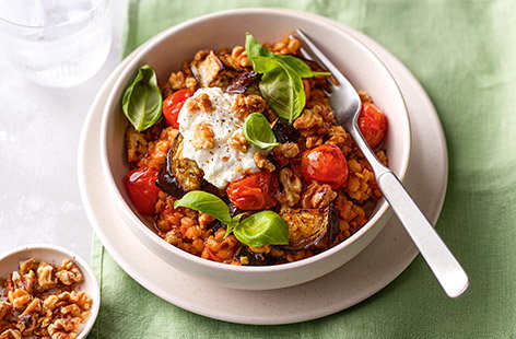 Try out this heart-healthy risotto recipe made with nutty pearl barley, aubergine, cherry tomatoes, and walnuts. It makes the most of storecupboard staples, so is not only low in saturated fat but low in price, too.