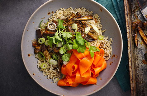 A sticky teriyaki sauce gives the roasted aubergines in this dish a lovely caramelised texture