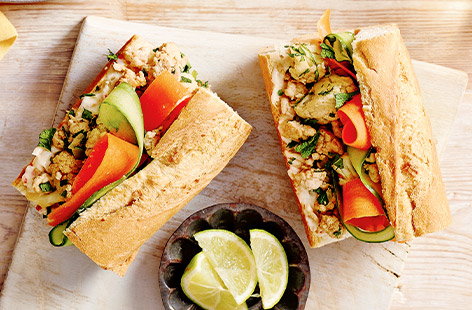 Use leftover turkey and cauliflower, packed with crisp carrot and cucumber, and fresh herbs. These sandwiches are perfect for lunch or a light dinner.