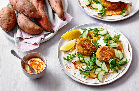 Packed full of flavour and nutrition, these sweet potato and chickpea patty wraps are perfect for a healthy lunch