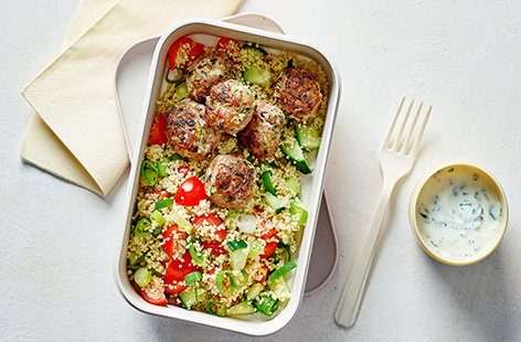 Little hands can help prepare this make-ahead lunch at the weekend. The meatballs freeze well, ready to defrost and eat. Simply halve the couscous ingredients if you don’t need all 6 portions at once. 