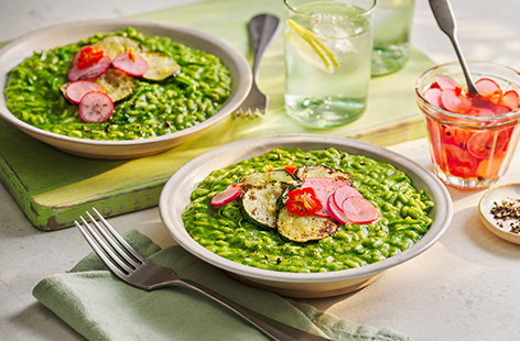 Dina Macki's coconut risotto is packed full of green veggies. Serve with lemony courgettes and quick pickled chilli radishes for a fresh and vibrant family dinner.