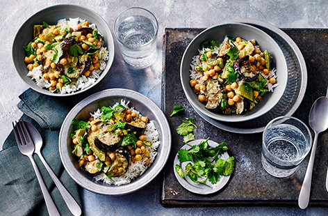 For a lighter take on a curry, try this vegan Thai-inspired recipe with reduced fat coconut milk, chickpeas and aubergines.