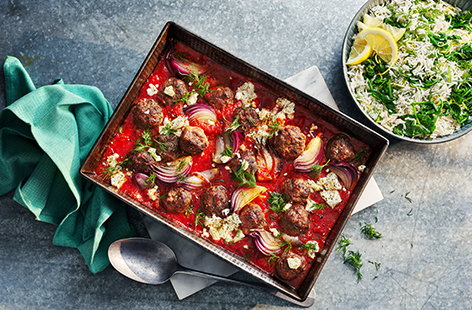 Amp up your weeknight menu with this totally organic spiced meatball and tomato bake, served with lemony dill and spinach rice.