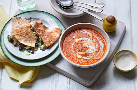 Give classic soup and sandwiches a Mexican twist with this spiced tomato soup accompanied by a black bean quesadilla