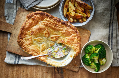 Transform simple freezer food and storecupboard tins into a warming pot pie that's better than the sum of its parts