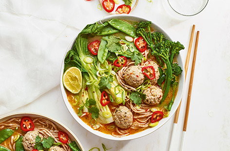 Lean turkey meatballs are the star of the show in this laksa, a spicy noodle broth popular in Southeast Asia