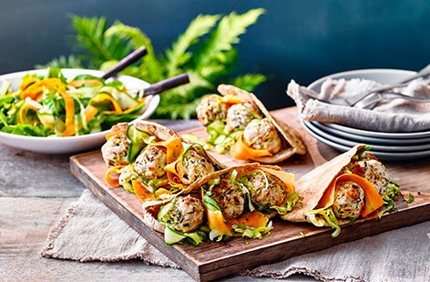 Make these turkey meatball pittas for a healthy dinner idea the family will love. Packed with veg, the turkey meatballs are mixed with courgettes and plenty of herbs before being loaded into pittas with an easy ribbon salad tossed in a tangy lime dressing.