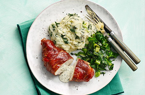 These plump chicken breasts are stuffed with creamy garlic & herb soft cheese