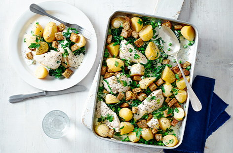 Spring greens and peas combine with tender chicken and new potatoes in this fresh traybake