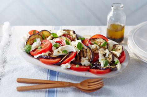 Try serving this beautifully barbecued aubergine, mozzarella and tomato salad at your next outdoor feast