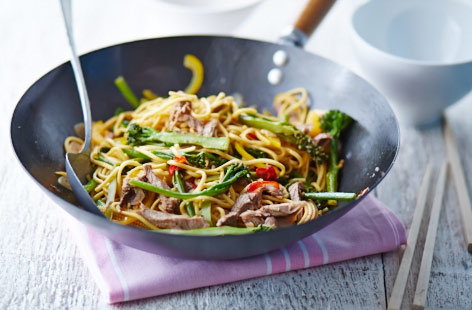 Lamb, veg and noodles tossed together with storecupboard sauces for a stir-fry that takes only 10 minutes to cook