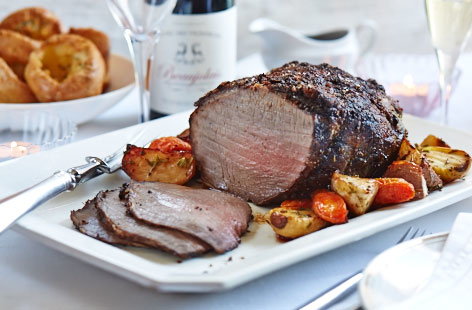 Mustard roast beef with herby Yorkshires 