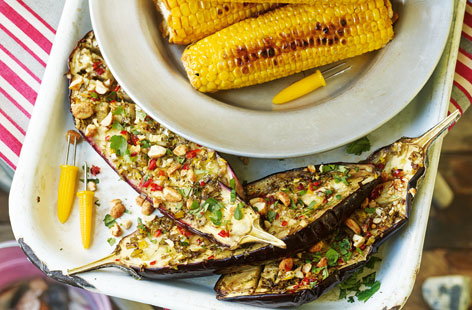 These lime and chilli infused aubergines with a crunchy peanut and coriander topping are a great vegetable addition to an al fresco feast