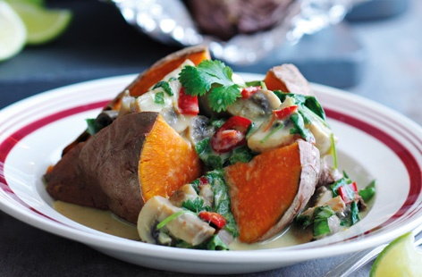 A jacket potato with your favourite topping is one of life's great comfort foods, so try this simple feel-good update. The sweet potato works perfectly with the quick-to-cook Thai mushroom curry. Meet your new favourite dinner.