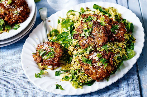 This delicious Indian-inspired dish is packed with aromatic flavours, crispy onion bhajis, sweet mango chutney and refreshing cucumber, and can be made in under 30 minutes. Indian recipes don't come easier than this