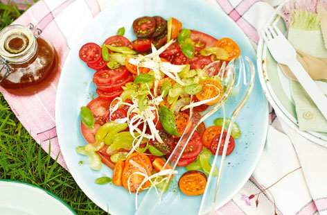 Packed with vibrant vine, baby red and orange tomatoes, this Bloody Mary inspired salad can be prepared in just 15 minutes