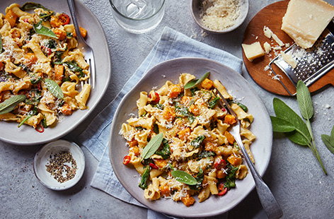 Garlic and chilli roasted squash creates a velvety pasta sauce that's perfect served with Finest gigli pasta – gigli being sweet little cones of pasta with ruffled edges. A simple, yet special meal that gives real restaurant vibes!