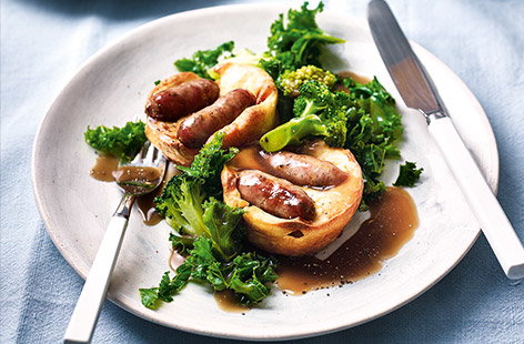 This speedy and easy version of toad-in-the-hole uses quick-cook chipolata sausages and pancake mix for the batter.