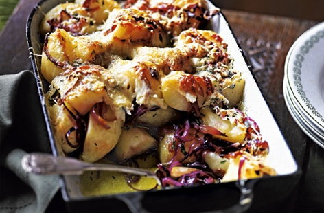 Not sure what to do with a glut of leftover spuds? This tasty, indulgent dish is super-simple to make. Onions are fried in butter, before garlic and thyme are added. Finish by scattering Gruyère over the top and baking.