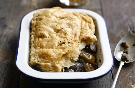 A classic veggie pie with buttery puff pastry. For the filling, mushrooms, chestnuts, and shallots are simmered in a rich red wine sauce thickened with Beurre Manie, a kind of roux.