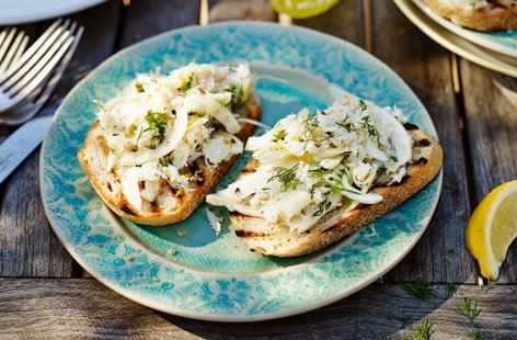 A delicious seafood starter for a springtime weekend lunch. Satisfying and fresh, these crispy sourdough bruschettas are made with thinly sliced fennel, sweet crab, lemon and olive oil. Top tip: if you haven't any dill, use the fennel fronds instead.