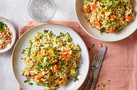 This comforting risotto recipe is creamy and fragrant with fresh herbs. It's topped with lemon zest, parsley and pine nuts which cuts through the creaminess. A delicious winter warmer.