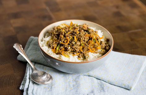 Mince is a versatile ingredient and here, forms the basis of this aromatic, Korean beef bowl. The meat browned with garlic, fresh ginger, soy and sesame oil then served on fluffy basmati rice. A tasty supper for four, ready in less than 20 minutes.