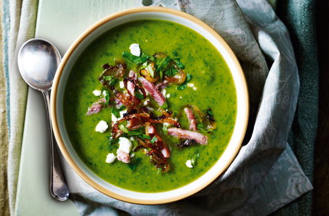 Packed full of green veg and herbs, this hearty and colourful soup is full of terrific flavours. Dried split green peas and shredded gammon are a delicious combination – but when feta is added it takes it to another level.