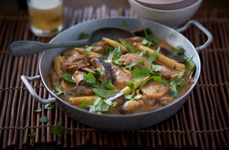 This Thai red curry with duck makes a special friday night dinner for four people. Tender pieces of breast are cooked with coconut milk, aubergine, and Thai red curry paste. Fragrant and aromatic, it is best served with steamed rice and lime wedges.