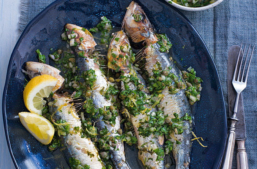 There will be no waiting around for food at this BBQ as sardines cook in mere minutes. Stuffed with a zingy caper, shallot anchovy and fresh herb salsa verde, be sure to also set some aside to spoon over just before serving.