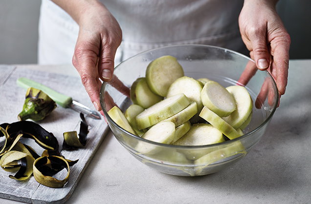 Peel and salt the aubergines