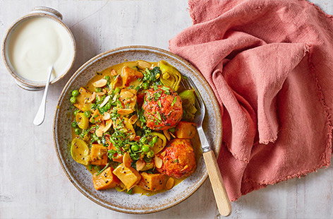 This veg-packed curry recipe is full of flavour - sweetness from the peas and sweet potato, and warming spice from the curry powder. The dumplings are easy to make and soak up all the delicious flavours.