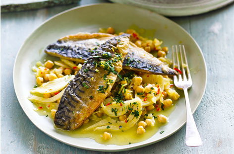 Simple pan-fried mackerel, served with a fresh and zesty chickpea salad makes a quick and tasty mid-week meal for two 