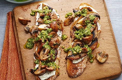 For a quick and easy dinner for two, try this tasty goat's cheese on toast dish, packed with herbs and topped with seasonal garlic mushrooms