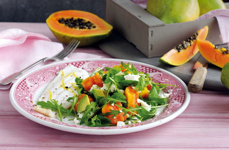 Papaya is a fragrant tropical fruit prized for its sweet, orange flesh, and it makes a vibrant contribution to this light salad packed with spring flavours