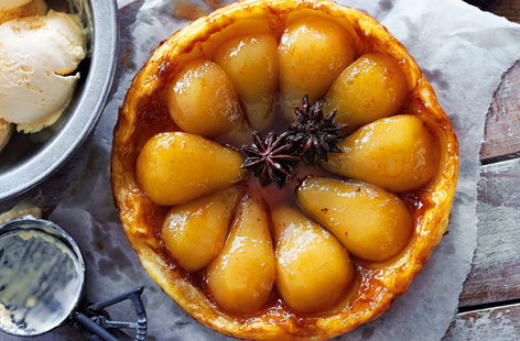 This twist on a classic French apple tart uses sweet pears and spices to create a stunning upsde-down pud. The pears are cooked in a star anise and cinnamon caramel before being topped with crispy, golden puff pastry.  