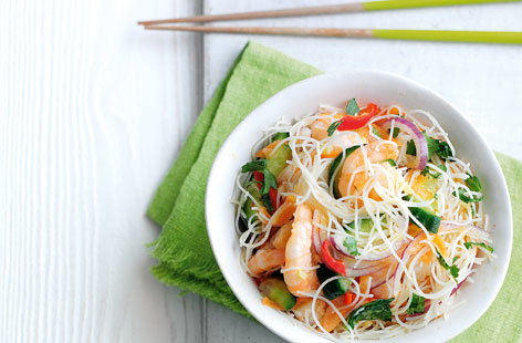 Ravenous as soon as you walk through the door? This is a light and fresh, quick and healthy weekday supper that is prepped and on the table in ten minutes. Ginger and sweet chilli add a spicy kick while the prawns and rice noodles make for a filling meal.