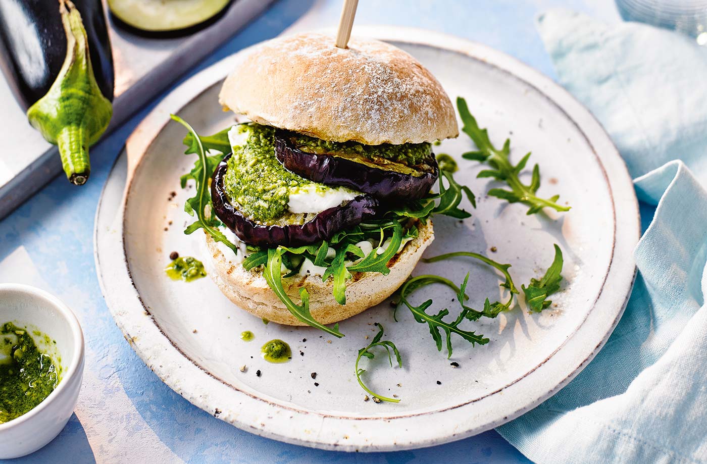 Aubergine, pesto and goat's cheese burgers recipe