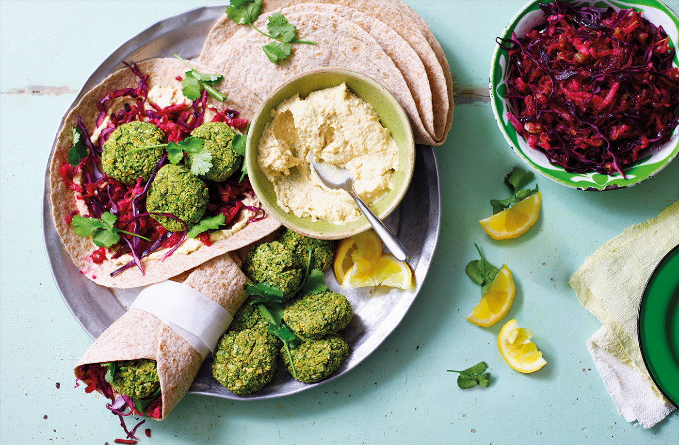 Falafel wraps with beetroot and apple slaw recipe