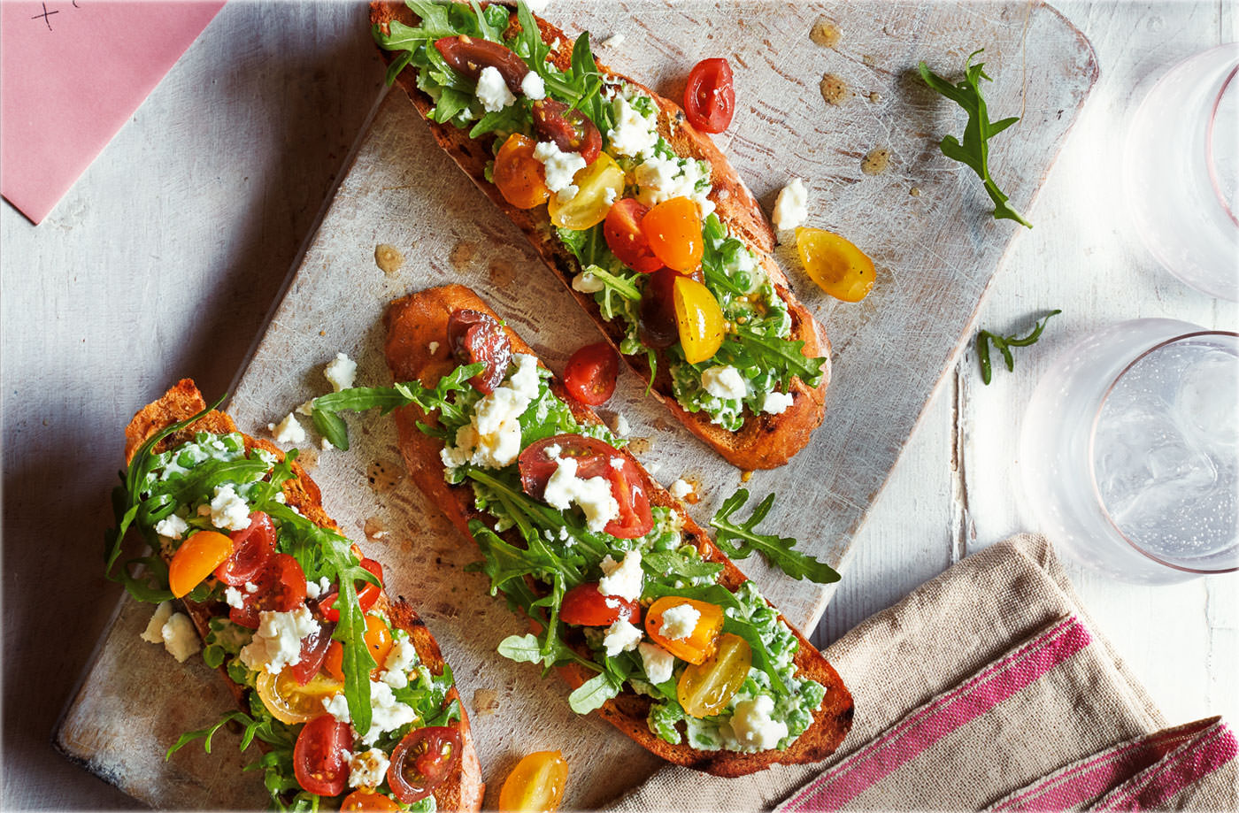 Pea, feta and tomato bruschetta recipe