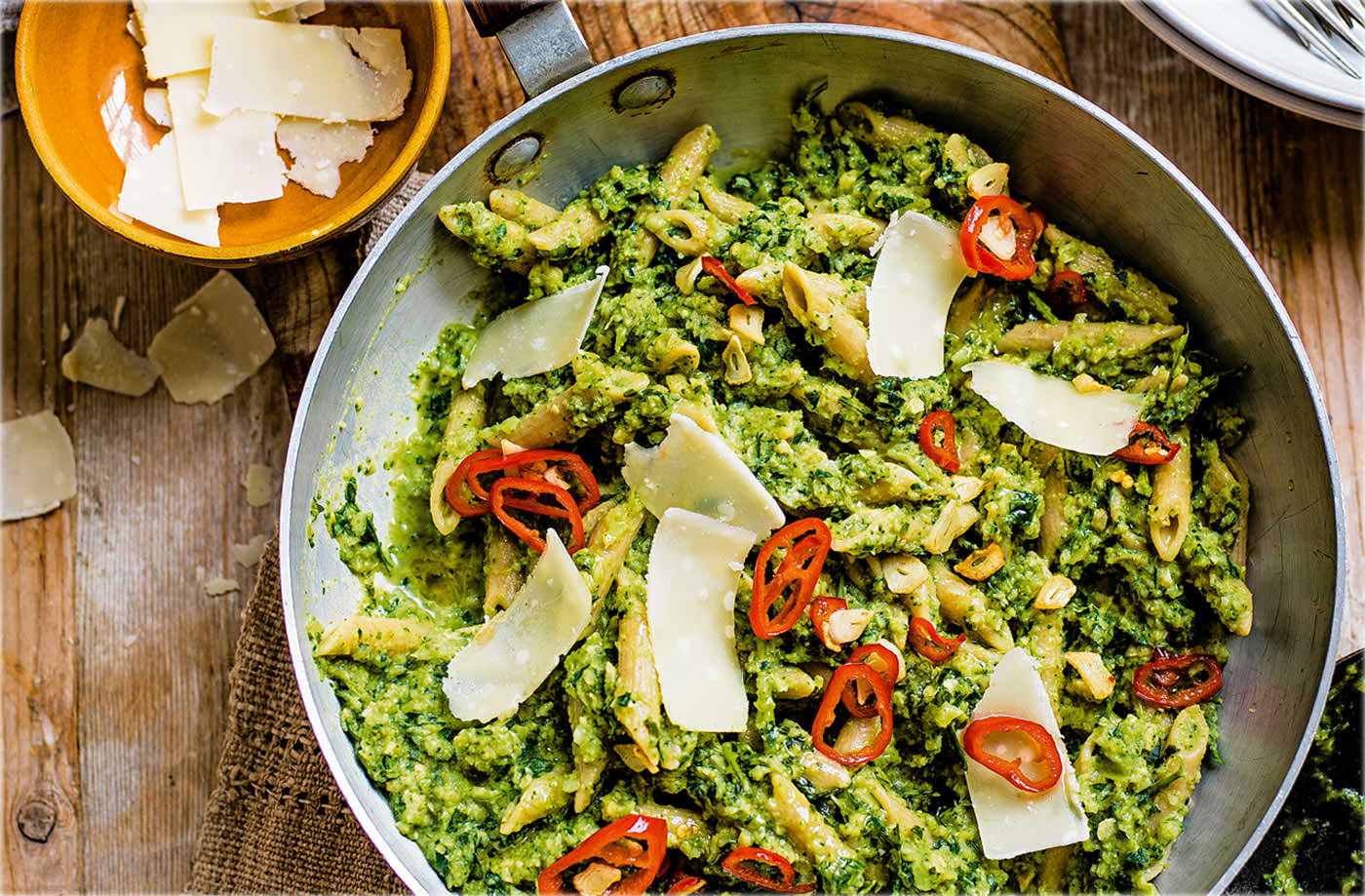 Broccoli pesto penne with chilli and garlic sizzle