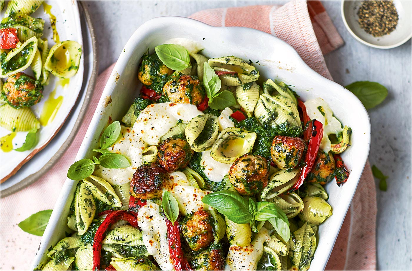 Pesto and chicken meatball bake