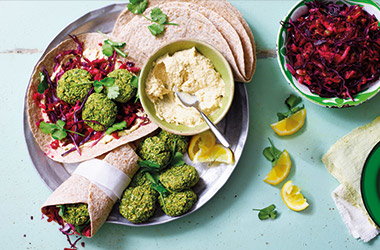 Falafel wraps with beetroot and apple slaw