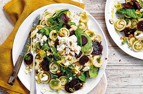 Stir through crumbly Greek salad cheese, zesty lemon and crunchy hazelnuts for a delicious midweek vegetarian main, or make ahead for packed lunches.