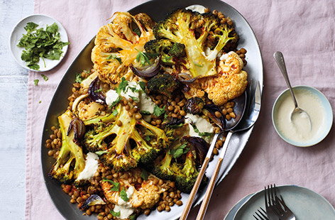 Roasted broccoli and cauliflower with harissa lentils